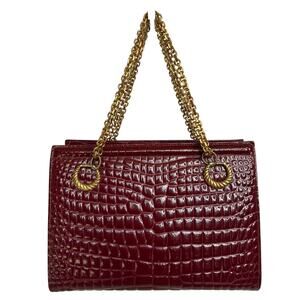 Vtg Don Lester burgundy lizard-embossed pattern gold chain double handle bag